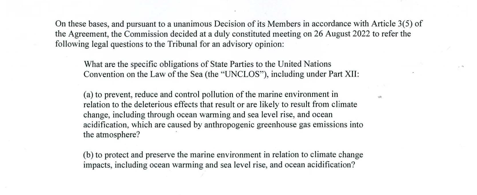 Extract from COSIS request for ITLOS advisory opinion on climate change.