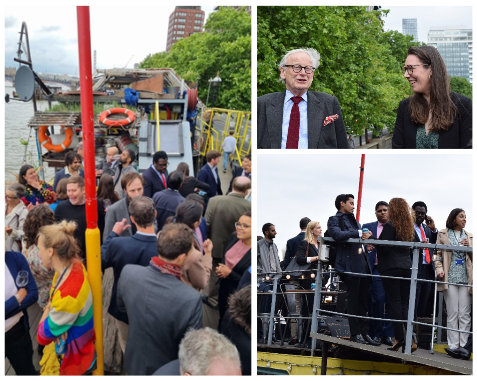 Three photos of the Opportunity Green 1st birthday party celebration in 2022.

Left: lots of people on a boat with London trees and buildings in the background.

Top right: Man in grey jacket and red tie with white hair and glasses next to woman smiling and looking at him.

Bottom right: View of boat from below, people in jackets chat including a woman with long orange hair, while leaning on the railings of the boat.