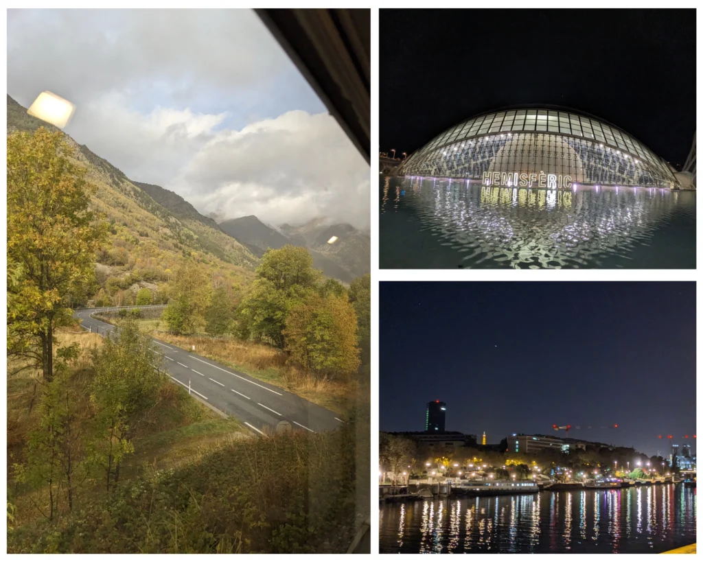 Collage of images from train journey to Valencia