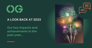 Graphic with image of fireworks on the right. The text reads: A LOOK BACK AT 2023 Our key impacts and achievements in the past year...
