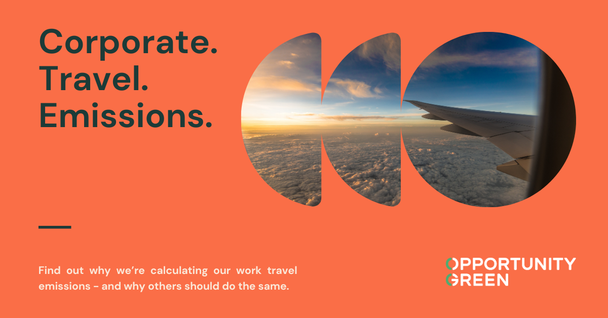 Graphic with orange background and image of a plane with text 'corporate travel emissions'