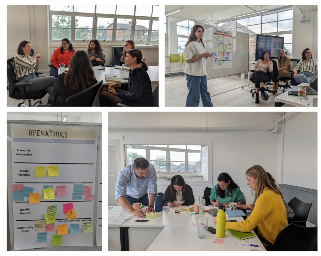 Collage of pictures of people doing activities in an office meeting