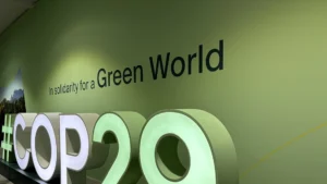 Sign at entrance to COP29 in Baku, Azerbaijan, in 2024, reading #COP29