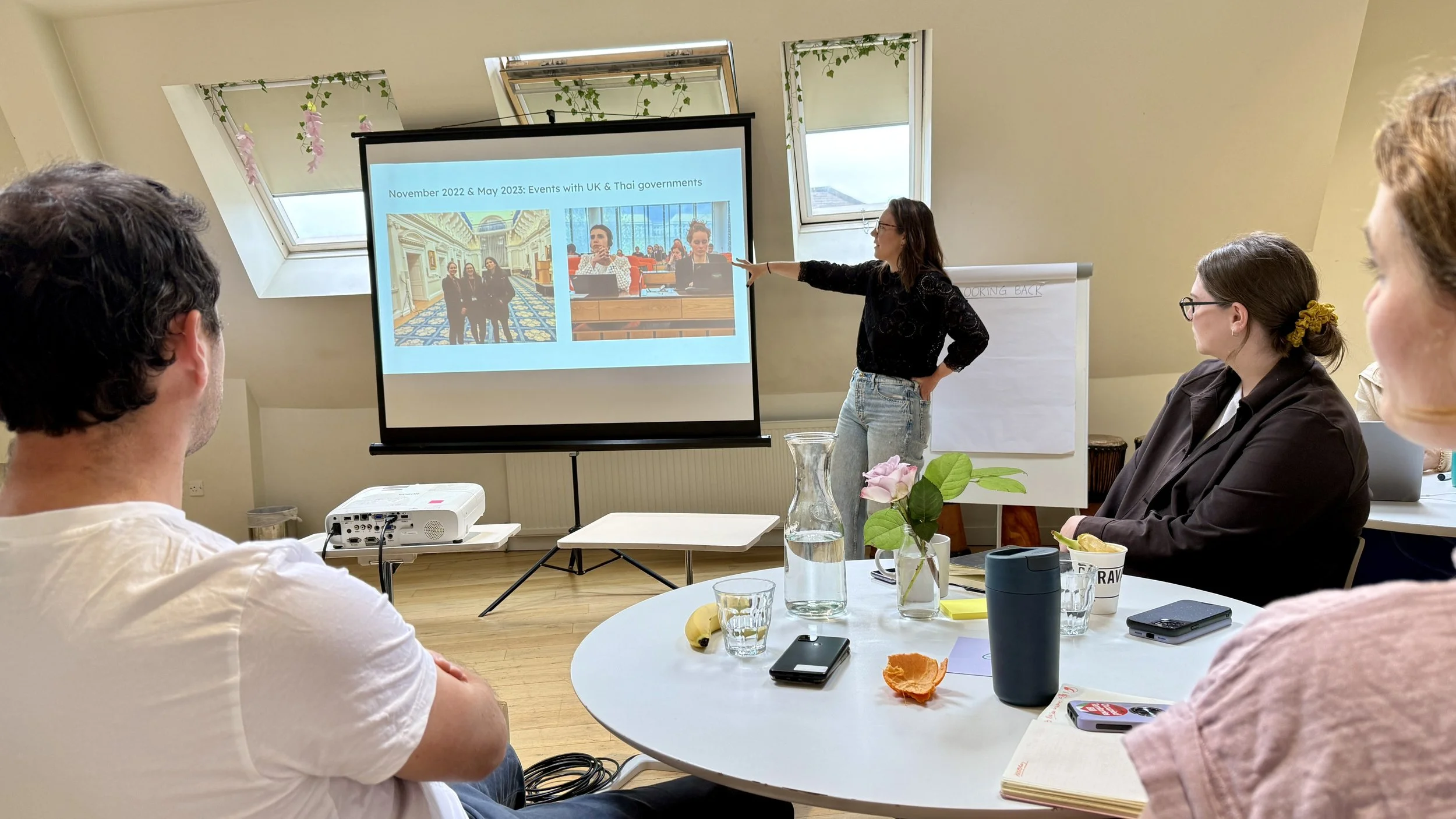 Image of a woman, Opportunity Green CEO Aoife O'Leary, pointing at a powerpoint presentation. Other staff members sit around a round table watching.