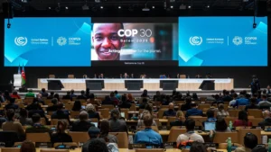 Image of people in a large room with screens at front. The two blue ones say United Nations Climate Change COP29 Baku Azerbaijan. The one in the middle has a picture of a man smiling on it and reads "COP30 Belém 2025, Acting together for the planet."
