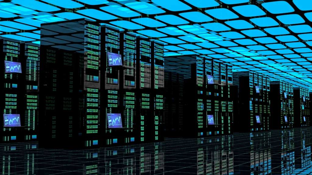 stock photo of rows of servers in a large working data centre