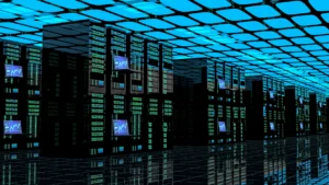 stock photo of rows of servers in a large working data centre