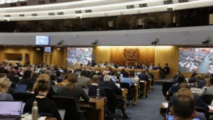 journalist photo of IMO meeting hall full with ongoing discussions from the side