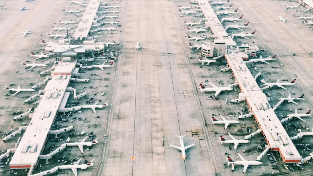 Birds eye view of airport and airplanes