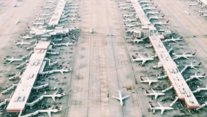 Birds eye view of airport and airplanes