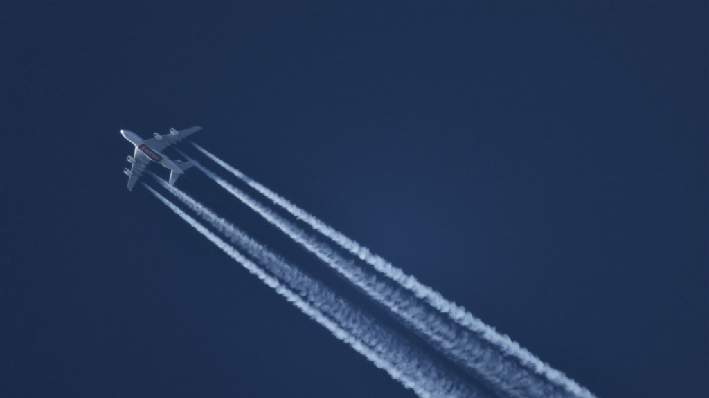 A jet plane with large contrails in its wake across the sky
