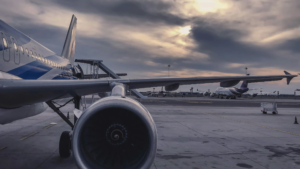 Close up view of an aeroplane, its wings and propellers