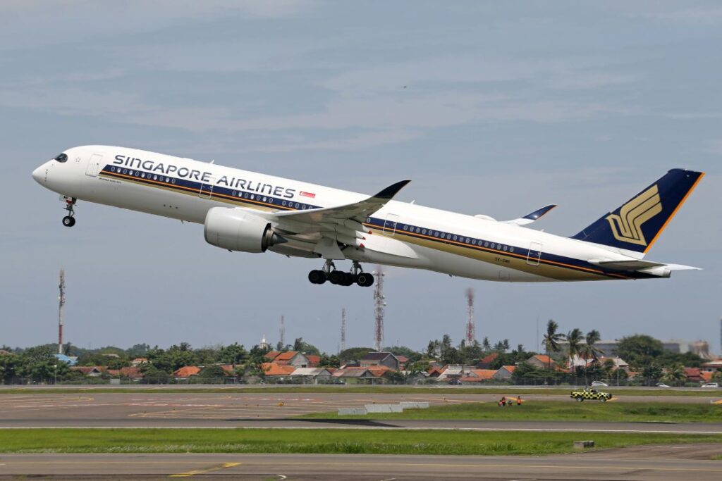 Singapore Airlines jet taking off at the airport