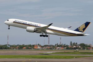 Singapore Airlines jet taking off at the airport