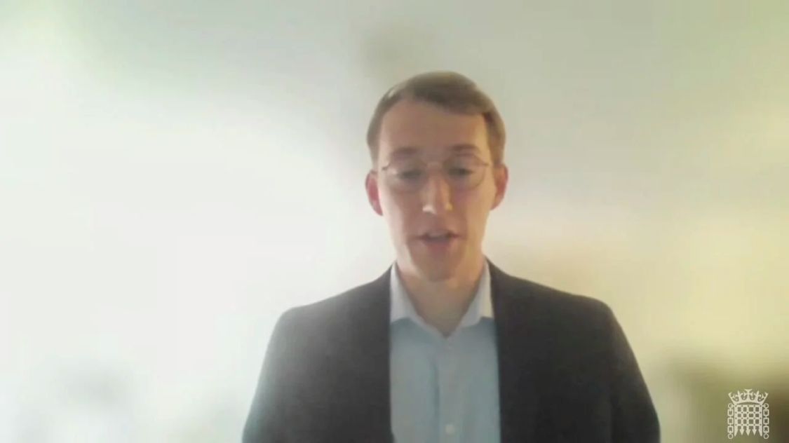 Video screenshot of Opportunity Green Scientific Officer, James Kershaw, in shirt and suit jacket giving evidence to the UK House of Lords Environment and Climate Change Committee