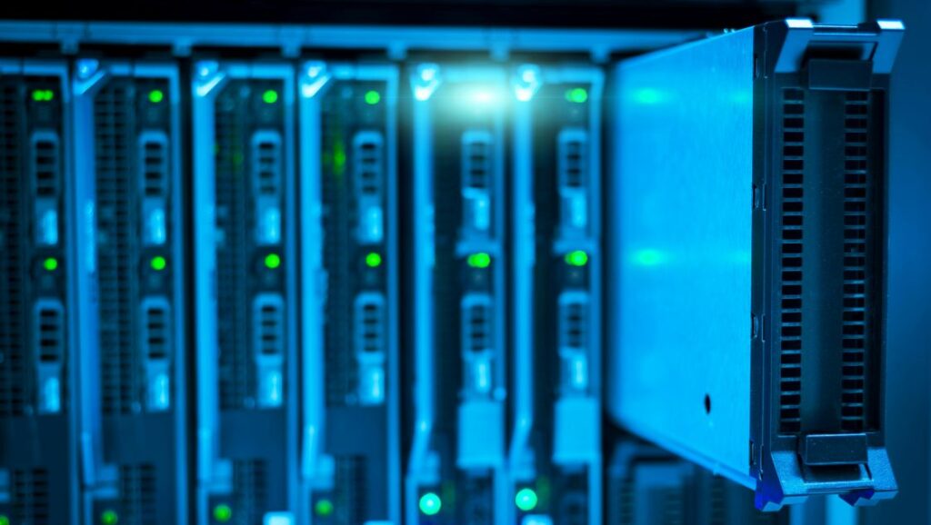 Close up of the bright blue electronics in a data centre