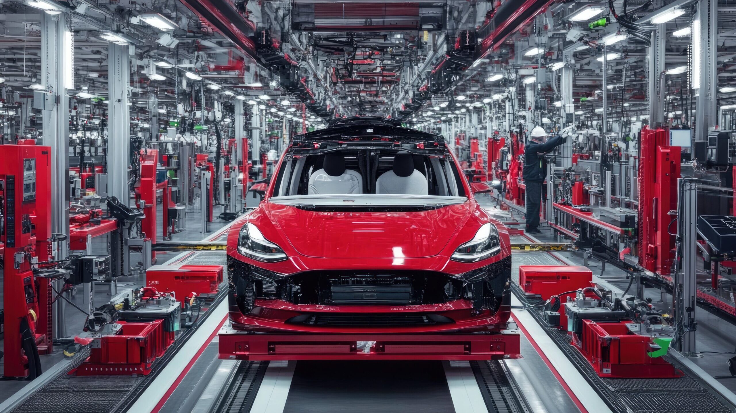 A front view of a red electric car moving along a conveyor belt inside an automated manufacturing plant with industrial equipment and factory workers in the background.